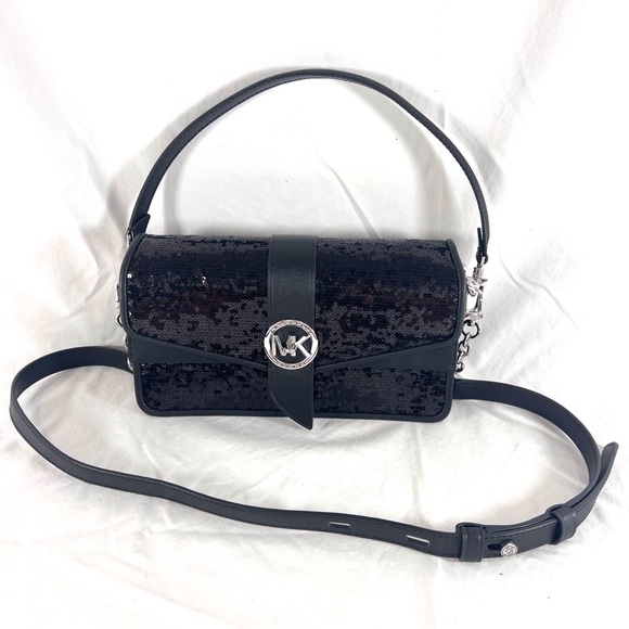 MICHAEL KORS Black Leather & Sequins Greenwich Medium Convertible Shoulder Bag - Picture 1 of 17